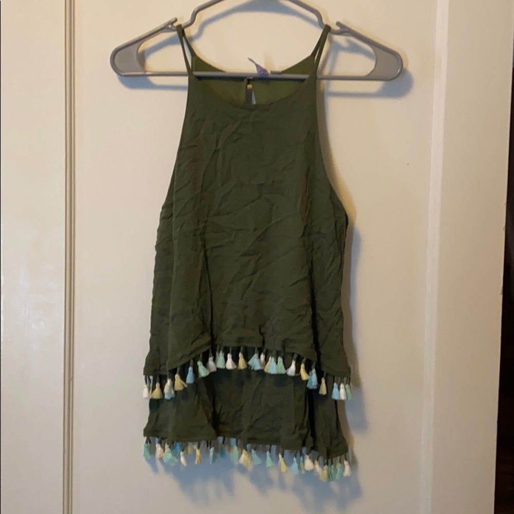 Green tank with cut tassels along bottom